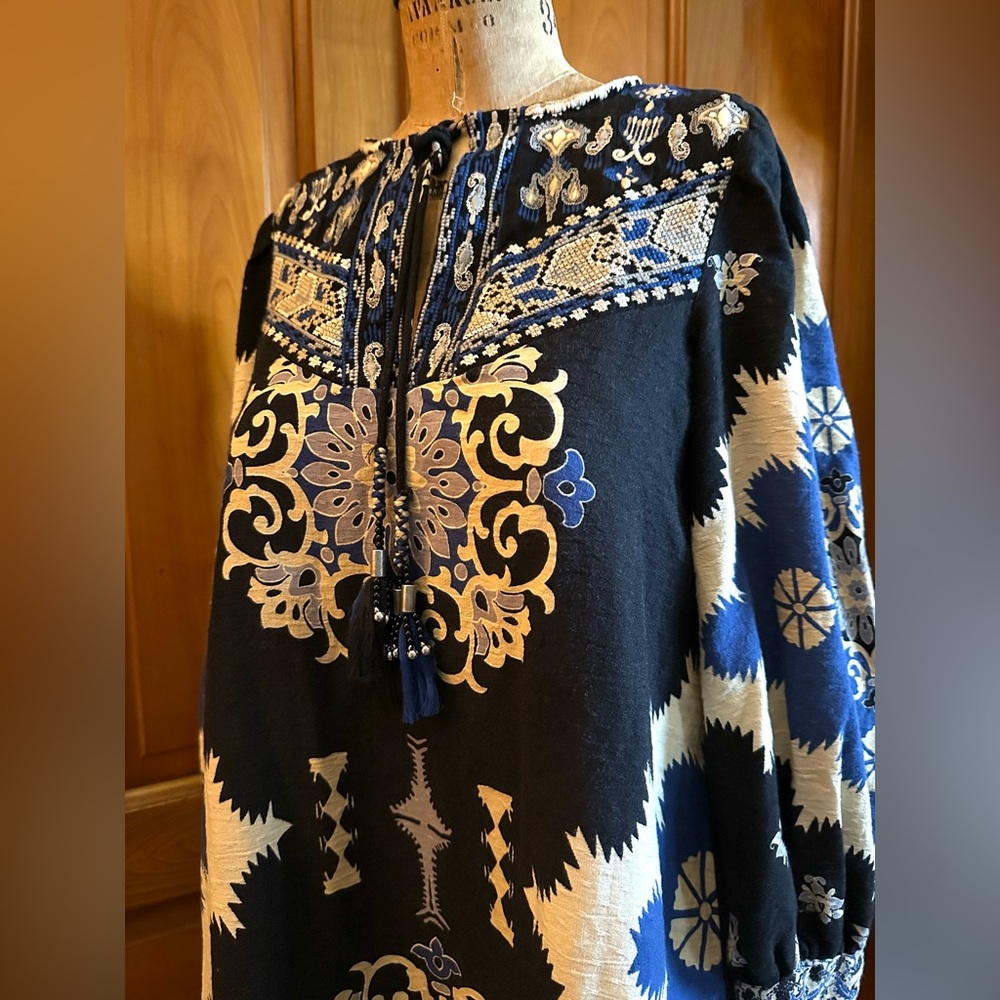 Zara ethnic print mini dress tunic top embroidered sz XS - up to 34 bust cotton